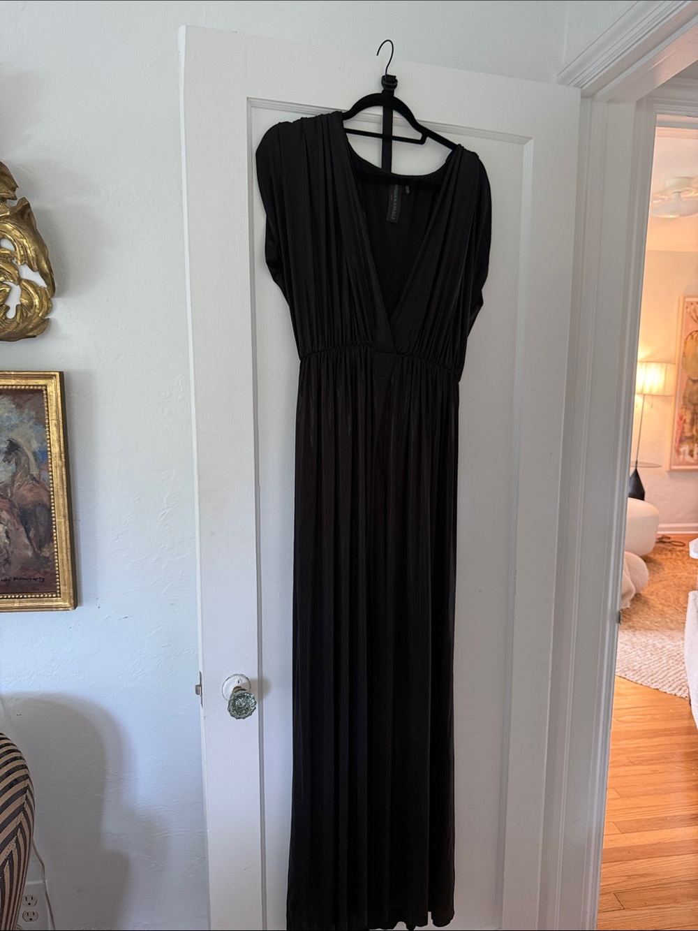 Norma Kamali Black V-Neck Gathered Waist Maxi Dress